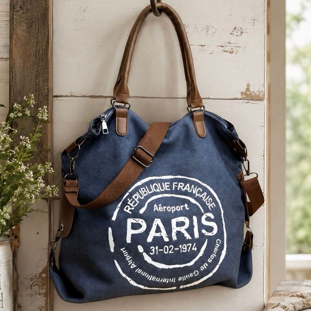 NWT Gorgeous PARIS, Blue Denim Canvas Graphic Convertible Crossbody Shoulder Bag